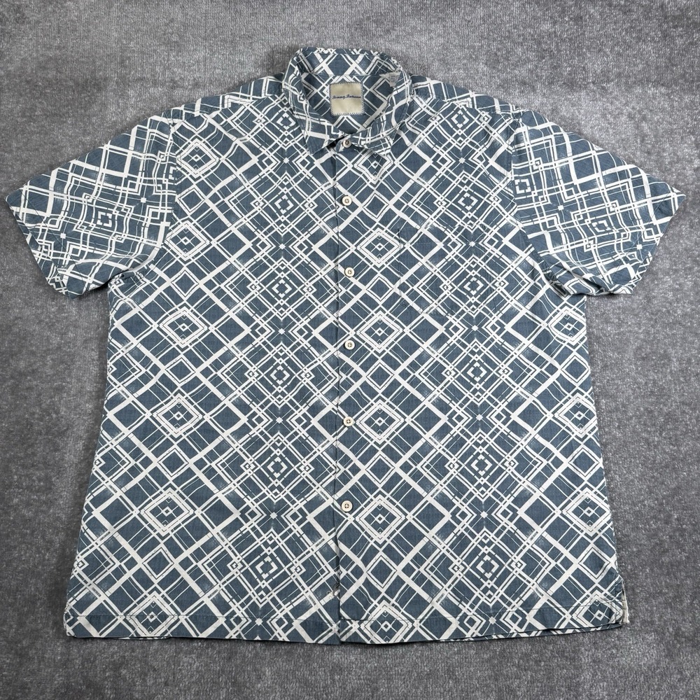 Tommy Bahama Shirt Men's XXL Blue Silk Geometric Button Up‎ Resortwear Cabana